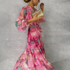 Women's Floral Maxi Dress Long Sleeve with Wrap Front and Tiered Skirt - 3