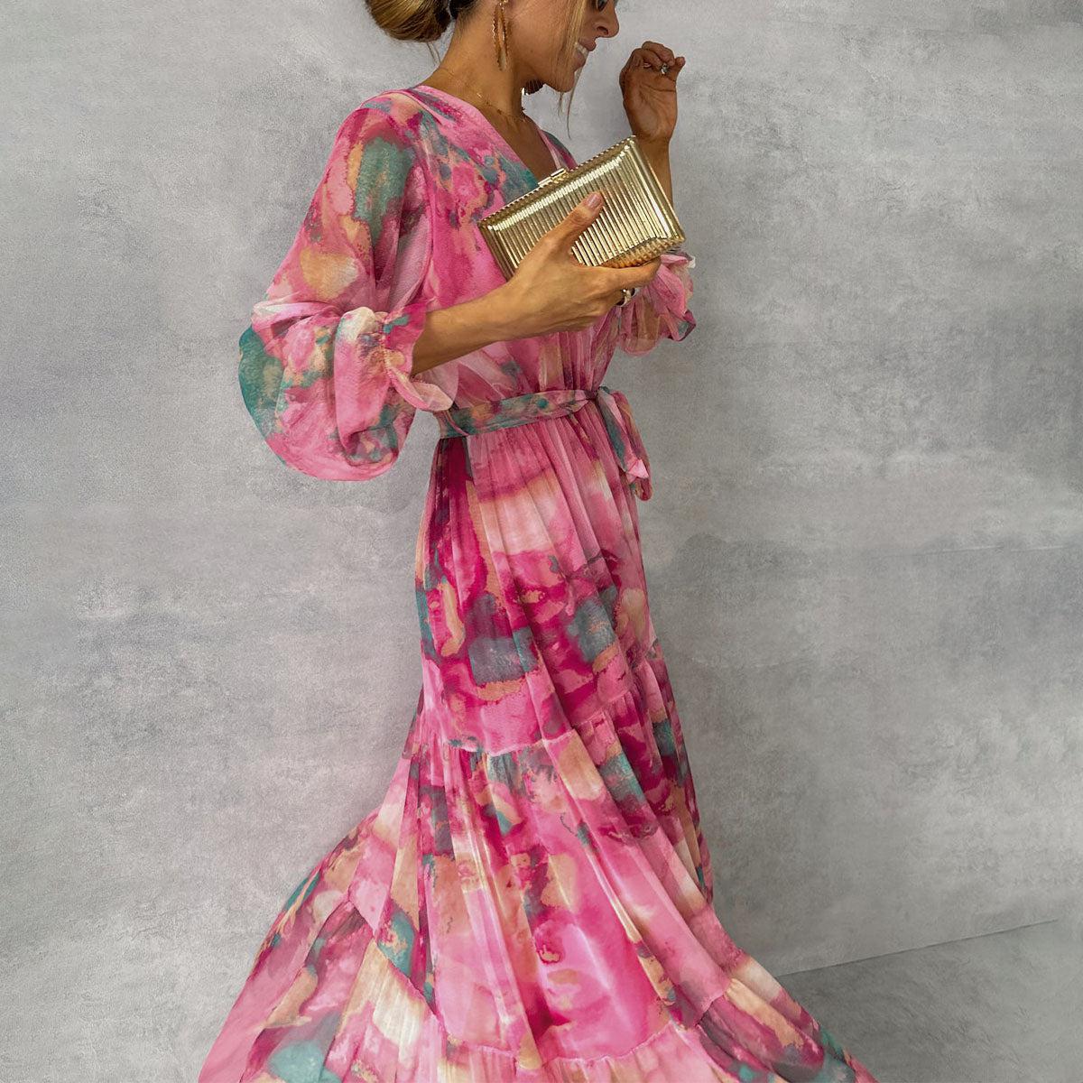 Women's Floral Maxi Dress Long Sleeve with Wrap Front and Tiered Skirt - 3