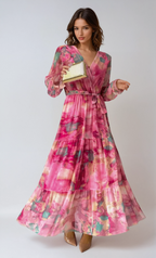 Women's Floral Maxi Dress Long Sleeve with Wrap Front and Tiered Skirt - Pink