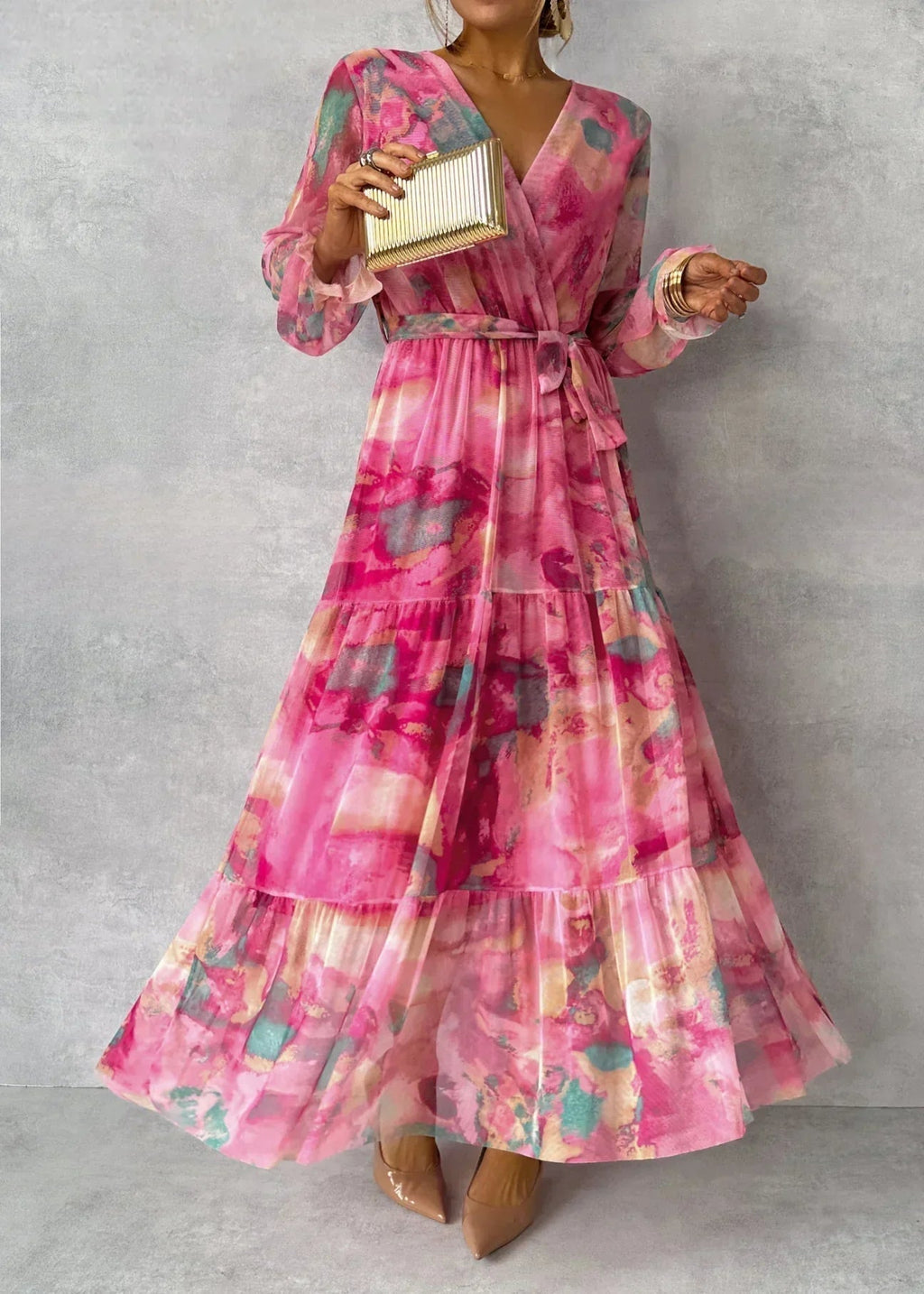 Women's Floral Maxi Dress Long Sleeve with Wrap Front and Tiered Skirt - 4