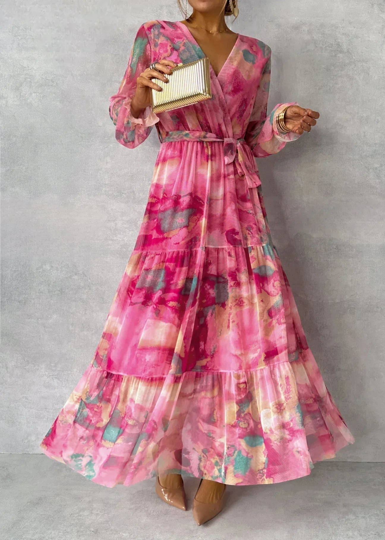 Women's Floral Maxi Dress Long Sleeve with Wrap Front and Tiered Skirt - 4
