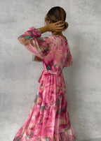 Women's Floral Maxi Dress Long Sleeve with Wrap Front and Tiered Skirt - 5
