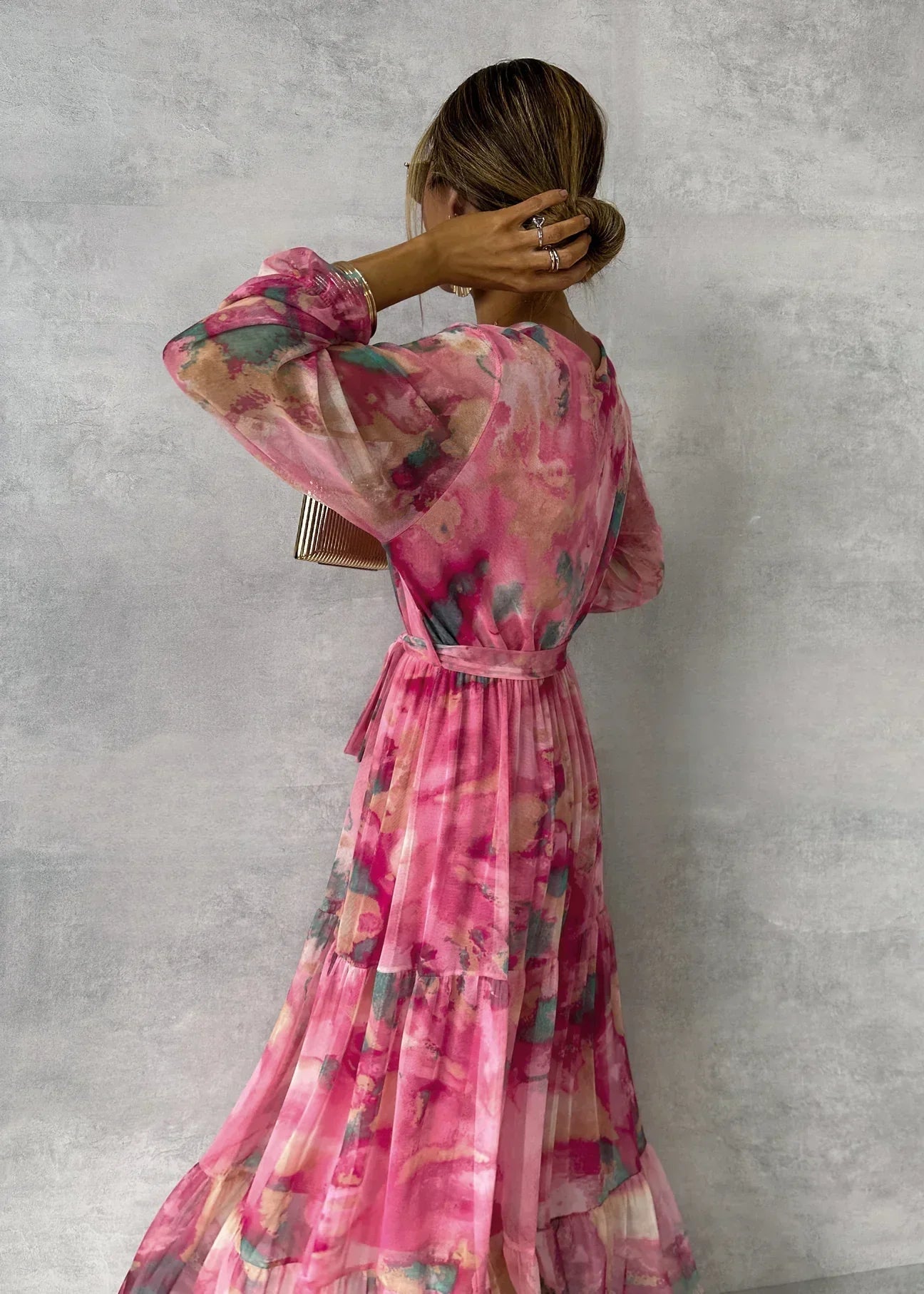 Women's Floral Maxi Dress Long Sleeve with Wrap Front and Tiered Skirt - 5