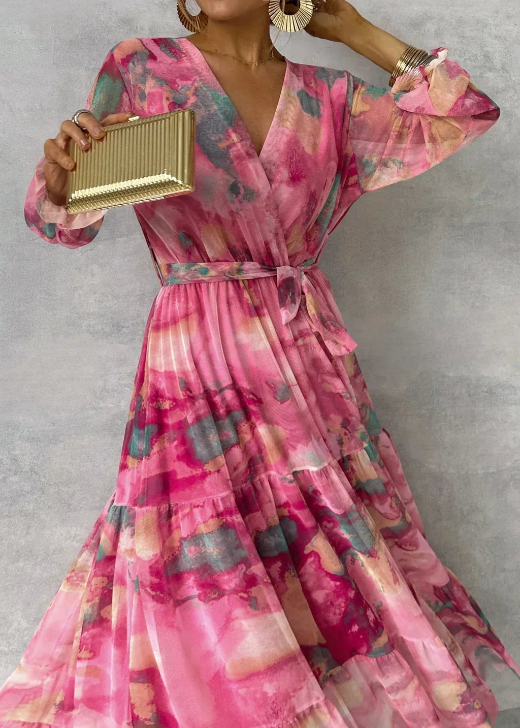 Women's Floral Maxi Dress Long Sleeve with Wrap Front and Tiered Skirt - 6