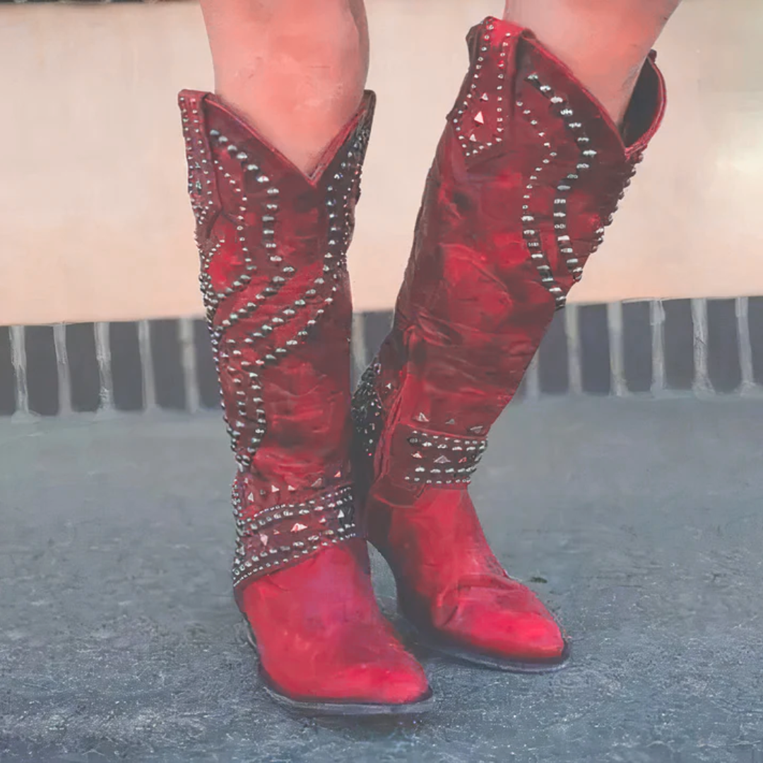 Women's Knee-High Boots with Studded Detail and Pointed Toe - Red