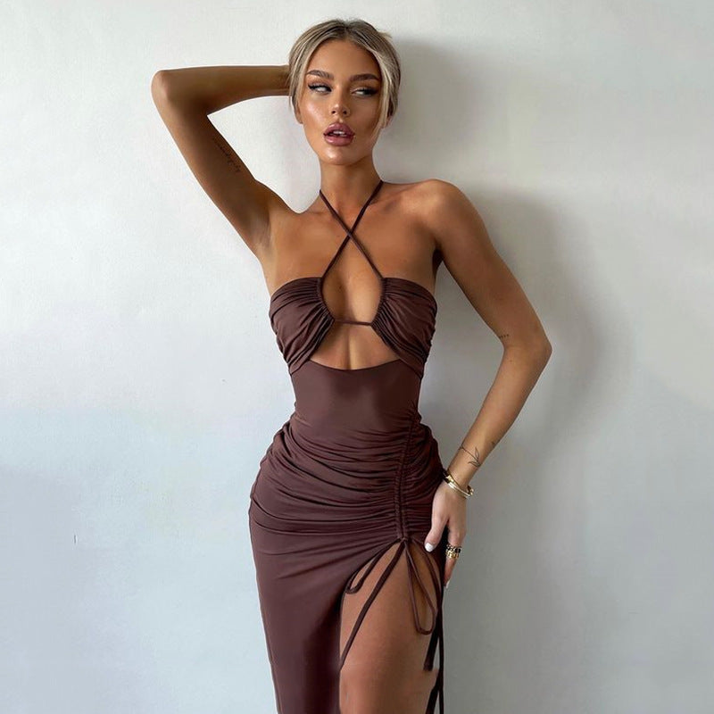 Women's Halterneck Maxi Dress with Cut-Out and Adjustable Split - Brown