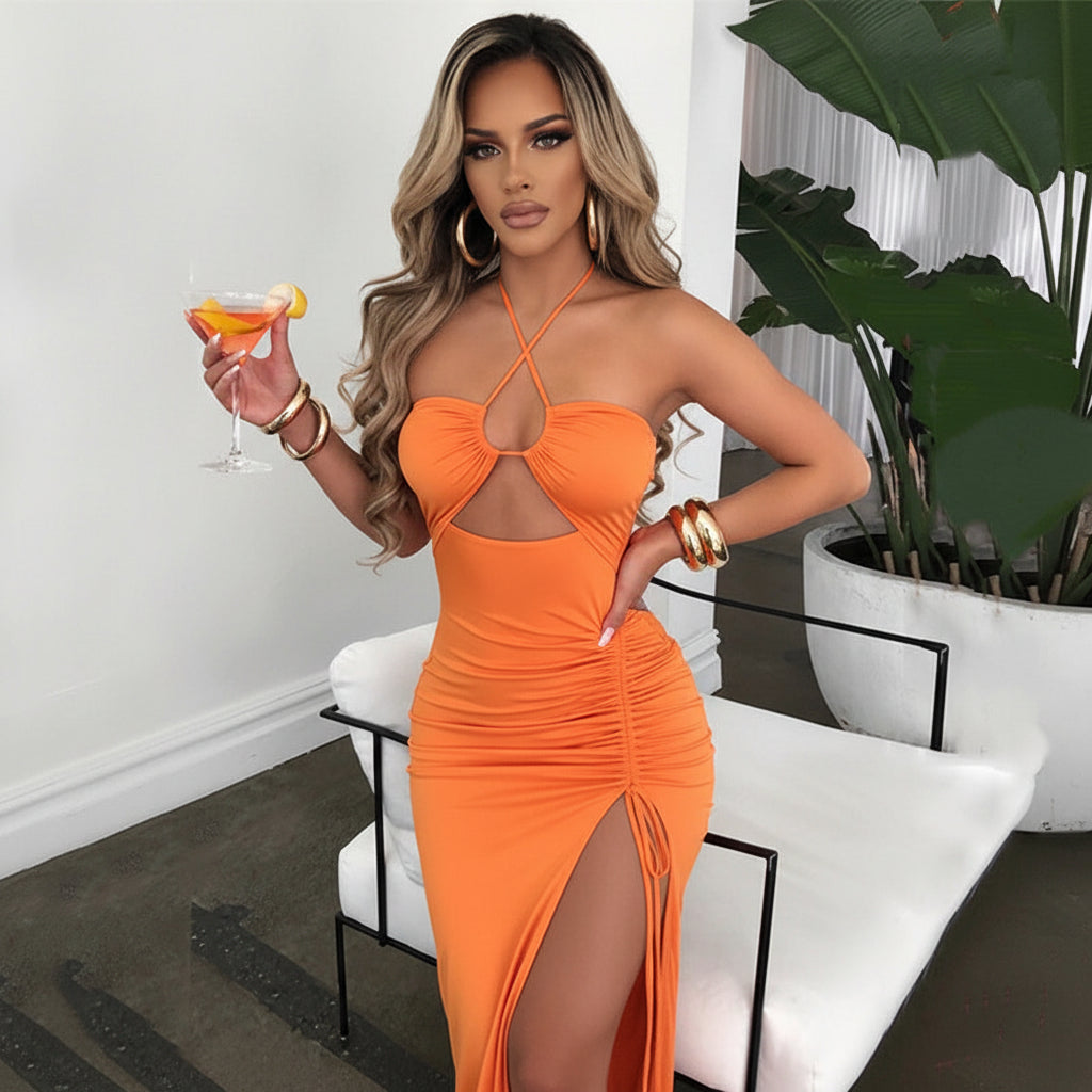 Women's Halterneck Maxi Dress with Cut-Out and Adjustable Split - Orange