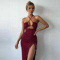 Women's Halterneck Maxi Dress with Cut-Out and Adjustable Split - Burgundy