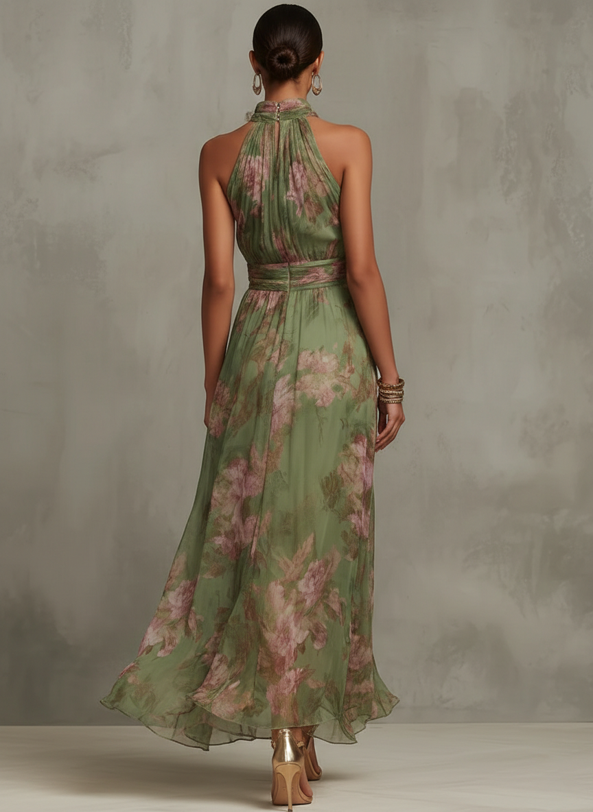 Women's Halterneck Maxi Dress with Floral Print and A-Line Skirt - 3