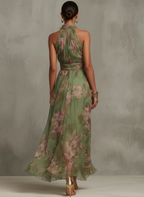 Women's Halterneck Maxi Dress with Floral Print and A-Line Skirt - 3
