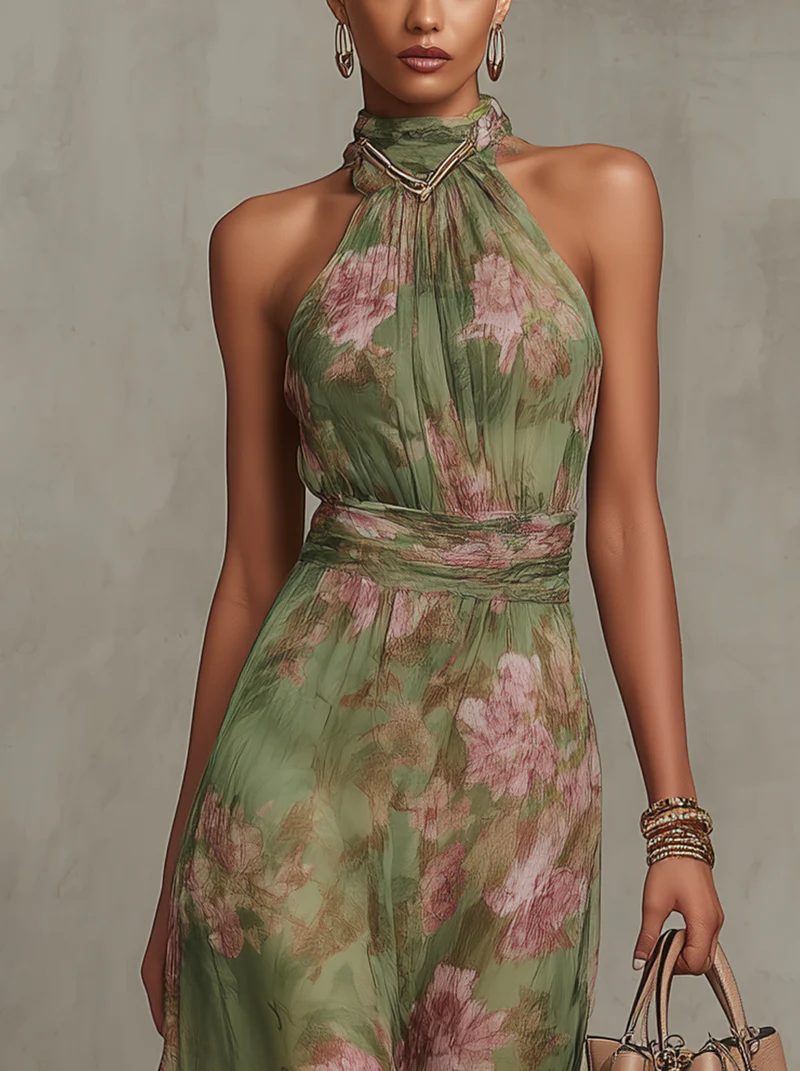 Women's Halterneck Maxi Dress with Floral Print and A-Line Skirt - 4