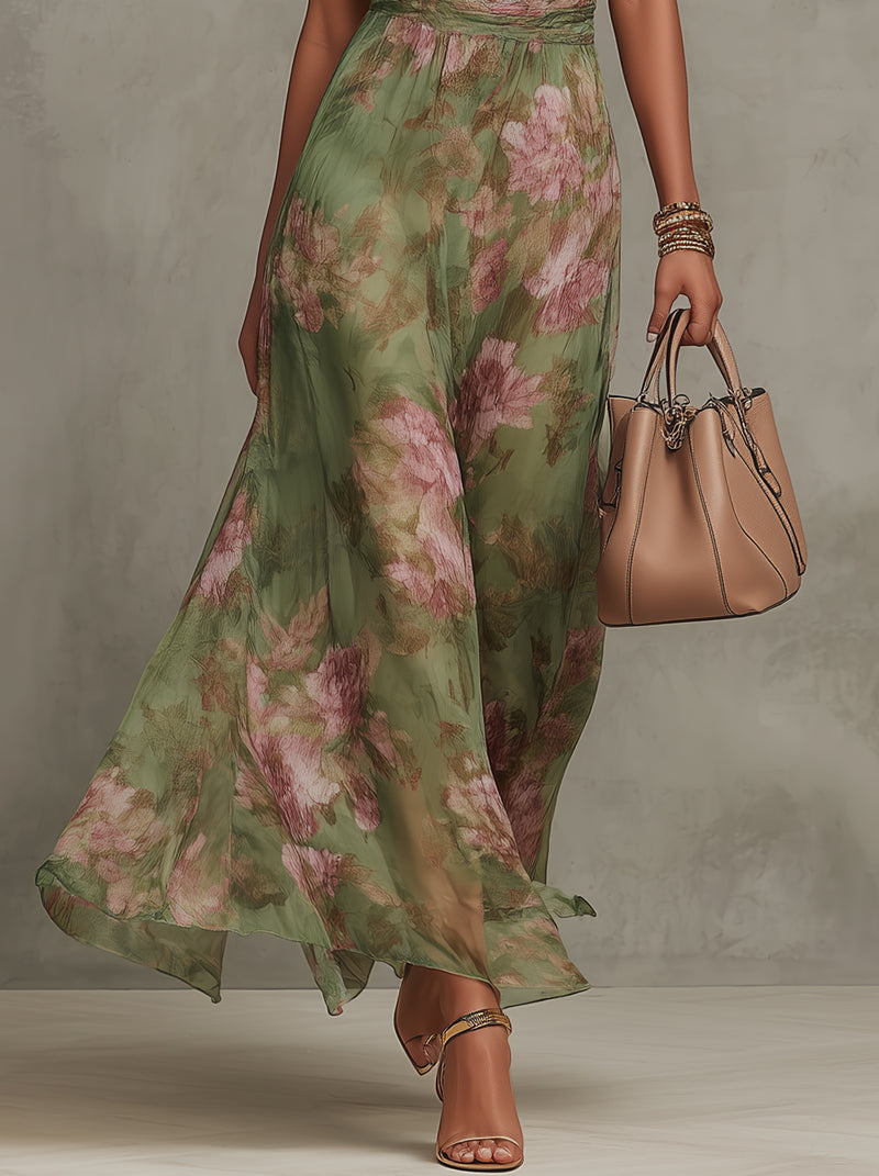 Women's Halterneck Maxi Dress with Floral Print and A-Line Skirt - 5