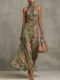 Women's Halterneck Maxi Dress with Floral Print and A-Line Skirt - Green