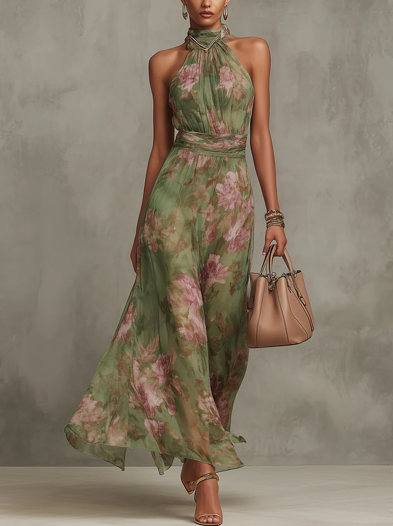 Women's Halterneck Maxi Dress with Floral Print and A-Line Skirt - Green