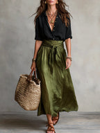Women's Two-Piece Midi Dress with Collar and Tie-Waist Skirt - 2