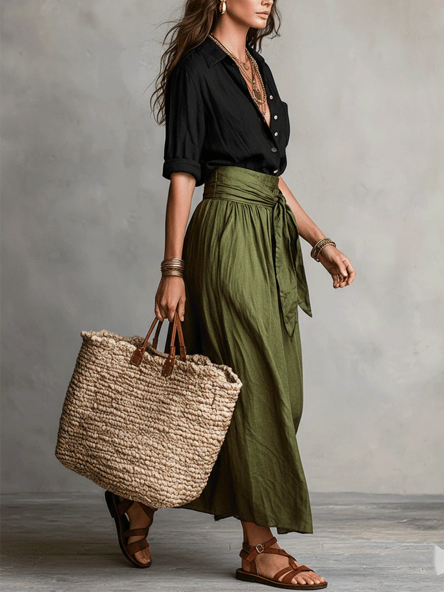 Women's Two-Piece Midi Dress with Collar and Tie-Waist Skirt - 3