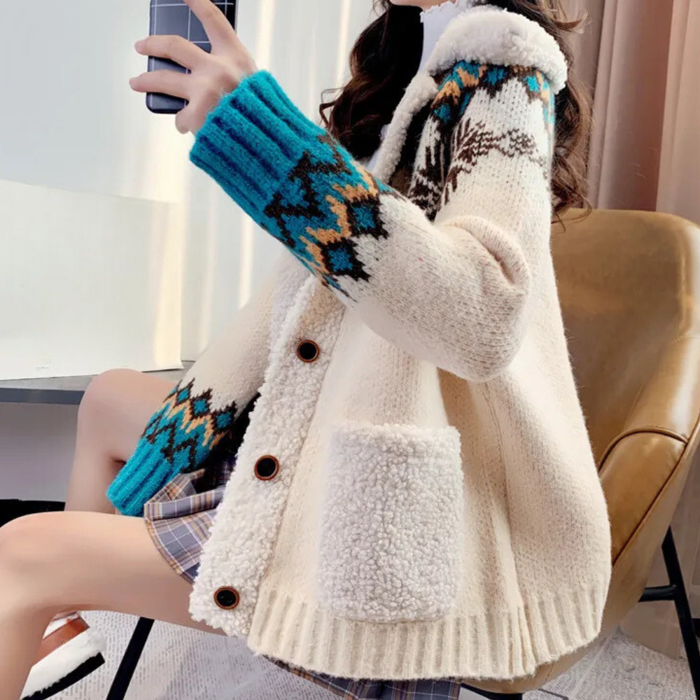 Women's Cardigan Buttoned with Fleece Collar and Patterned Sleeves