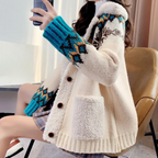 Women's Cardigan Buttoned with Fleece Collar and Patterned Sleeves