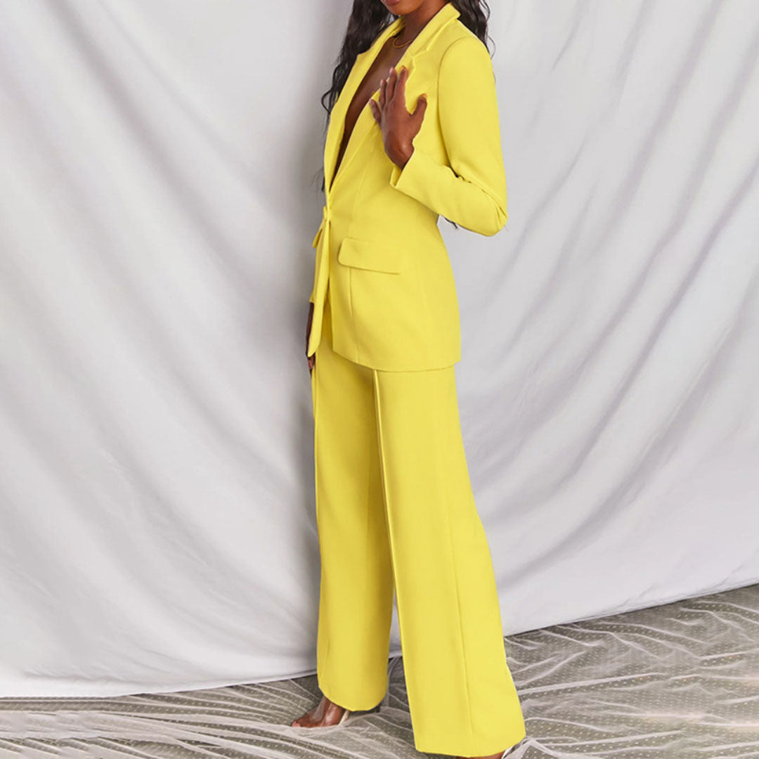 Women's Tailored Blazer and Trouser Set with Notched Lapel - Yellow