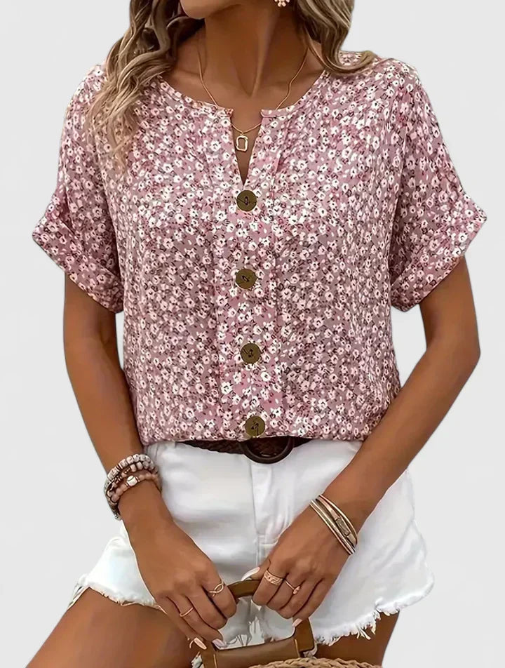 Women's Blouse Short Sleeve with Floral Print and Button-Up Front