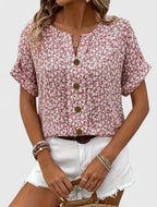 Women's Blouse Short Sleeve with Floral Print and Button-Up Front