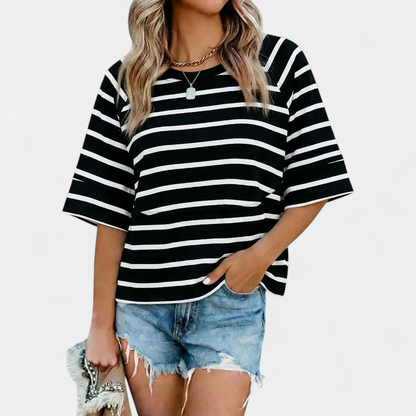 Women's Casual Batwing Sleeve Blouse - Z Black Stripe