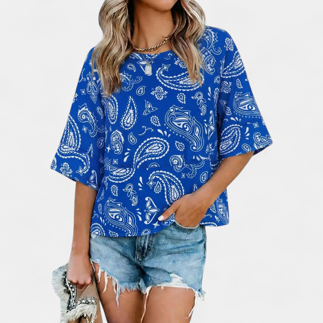 Women's Casual Batwing Sleeve Blouse - Z Blue Print