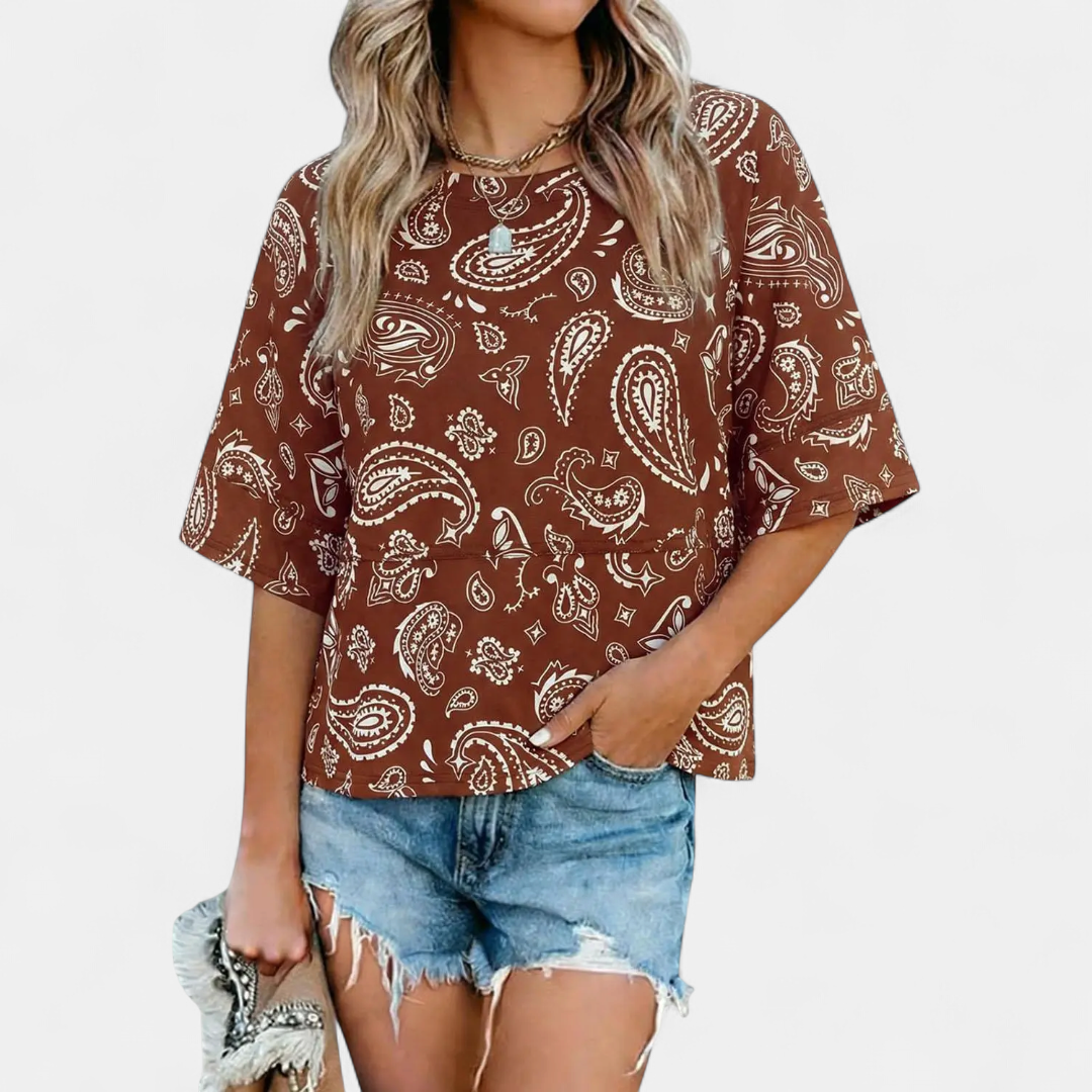 Women's Casual Batwing Sleeve Blouse - Z Brown Print