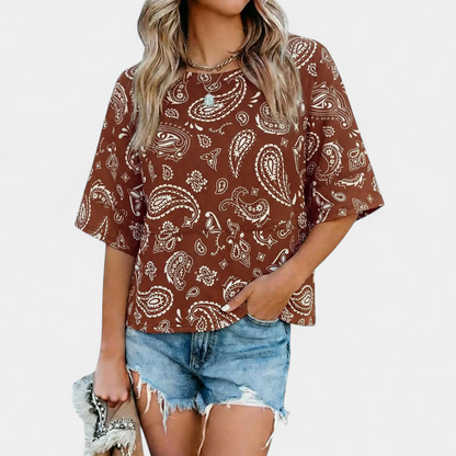 Women's Casual Batwing Sleeve Blouse - Z Brown Print