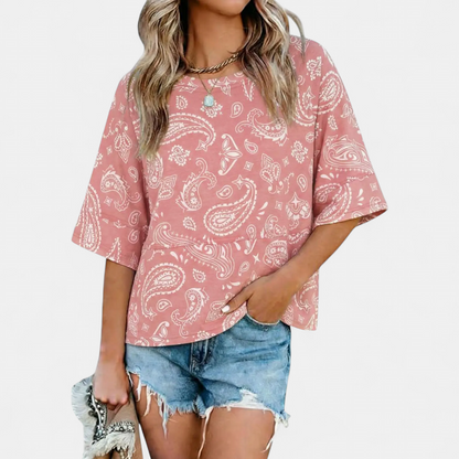Women's Casual Batwing Sleeve Blouse - Z Pink Print
