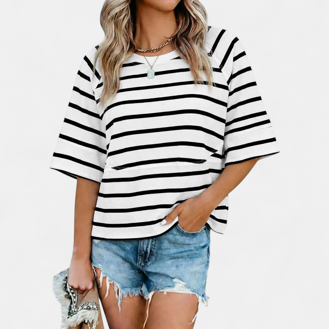 Women's Casual Batwing Sleeve Blouse - Z White Stripe