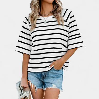 Women's Casual Batwing Sleeve Blouse - Z White Stripe