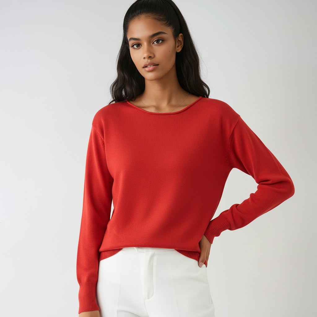 Women's Jumper Long Sleeve with Round Neck and Relaxed Fit - Maroon