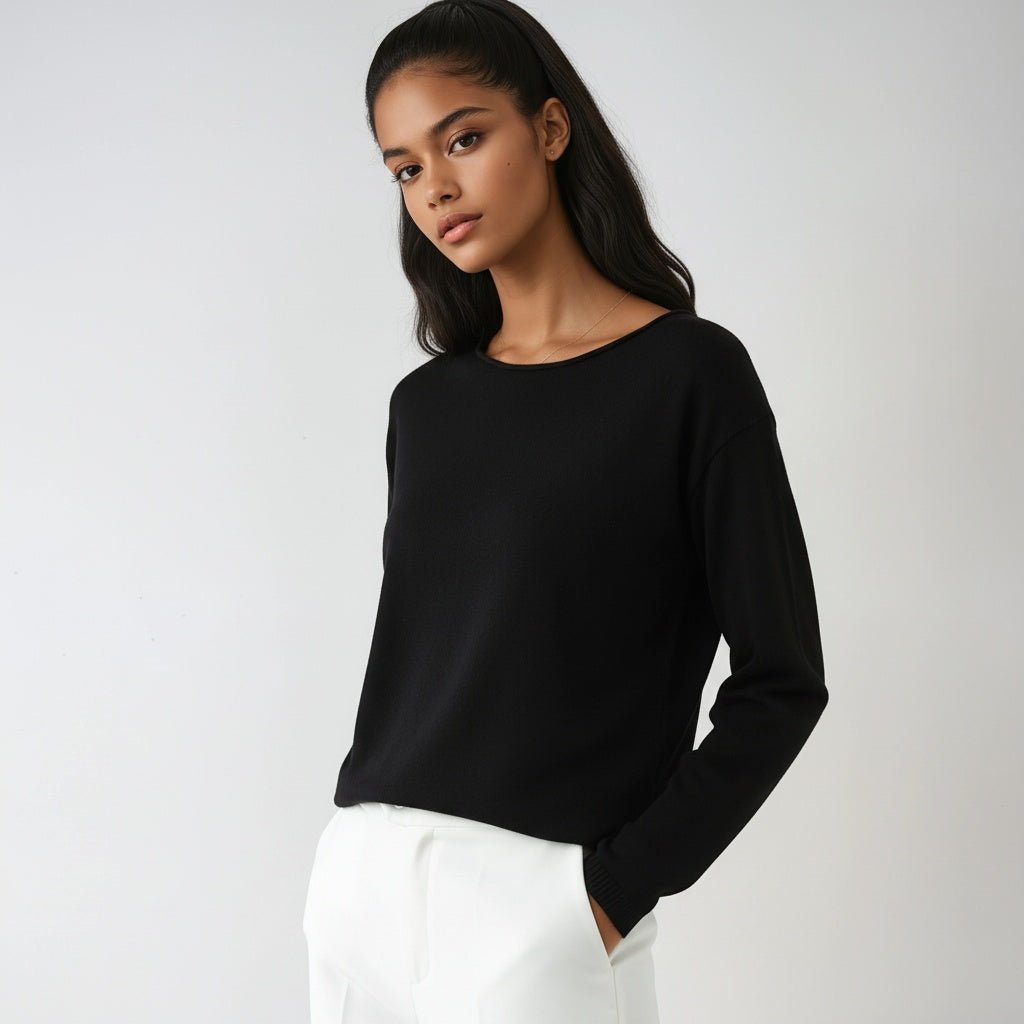 Women's Jumper Long Sleeve with Round Neck and Relaxed Fit - Black