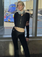Women's Zip Front Lounge Set with Cropped Top and Flared Trousers - 20