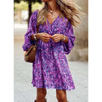 Women's Boho Dress with V-Neck and Long Balloon Sleeves - Purple