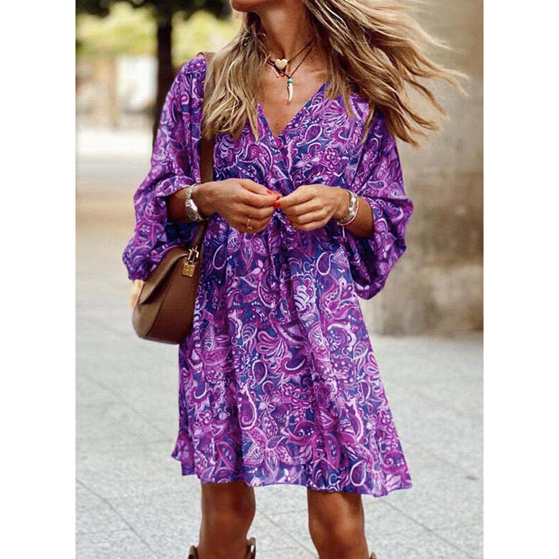 Women's Boho Dress with V-Neck and Long Balloon Sleeves - Purple