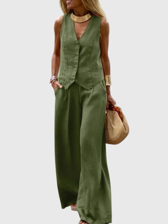 Women's Tailored Waistcoat and Wide-Leg Trousers Set - Dark Green