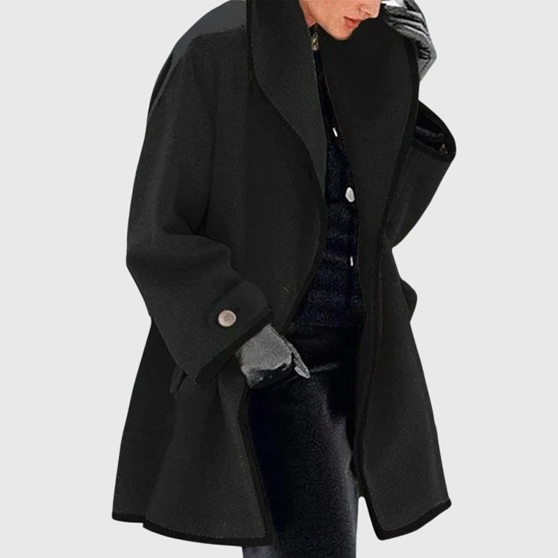 Women's Fleece Jacket with Contrast Trim and Wide Collar - Black