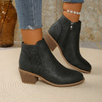 Women's Ankle Boots with Laser-Cut Detail and Block Heel