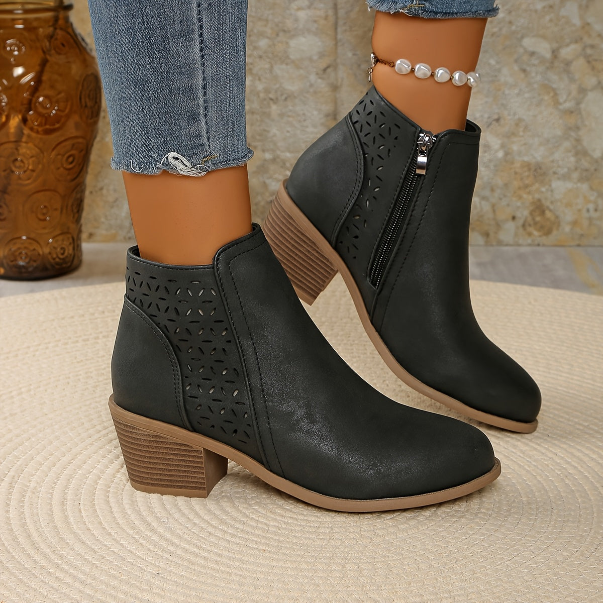 Women's Ankle Boots with Laser-Cut Detail and Block Heel