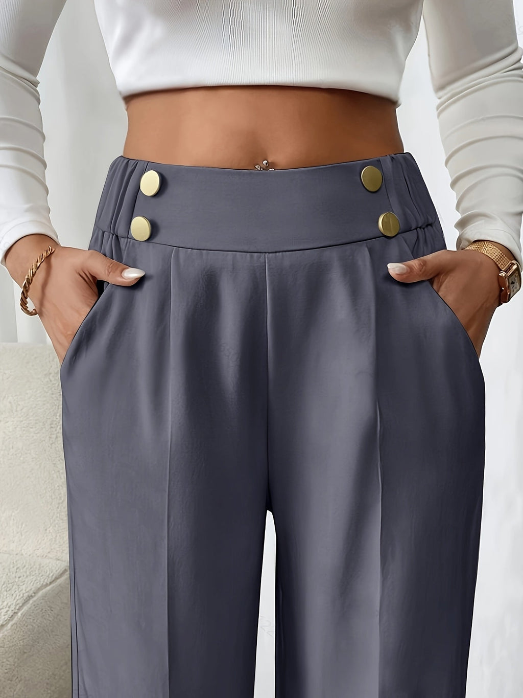 Women's High-Waist Wide-Leg Trousers with Elastic Waist - 10