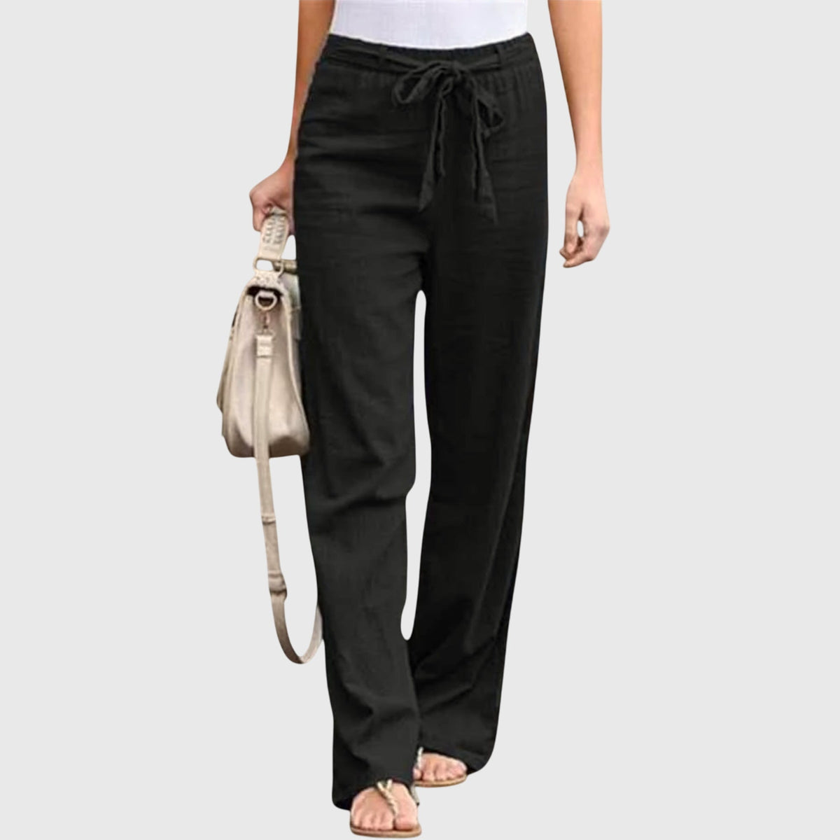 Women's Trousers Wide Leg with Tie-Waist - Black