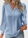 Women's Blouse Long Sleeve with Lace Trim V-Neck - Blue