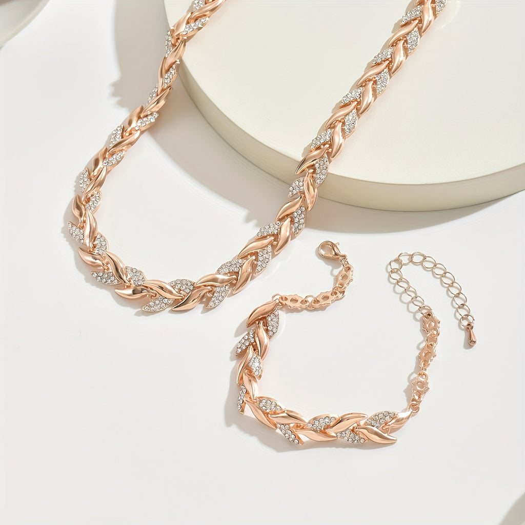 Women's Diamante Necklace and Bracelet Set with Leaf Link Design - 5