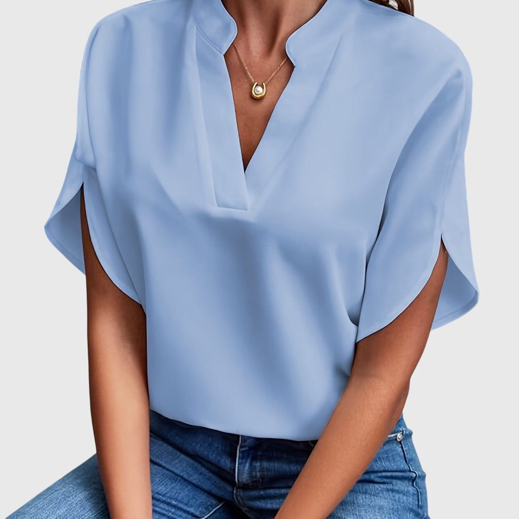 Women's Blouse Short Sleeve with V-Neck and Split Cuffs - Blue
