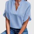 Women's Blouse Short Sleeve with V-Neck and Split Cuffs - Blue