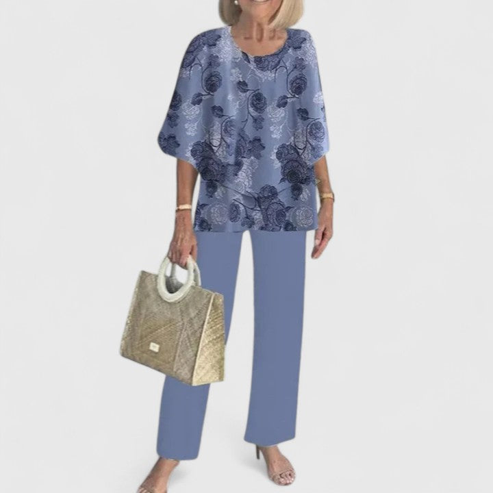 Women's Two-Piece Set Cape-Sleeve Top with Printed Wide-Leg Trousers - 11