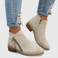 Women's Ankle Boots with Side Zip and Block Heel - Beige