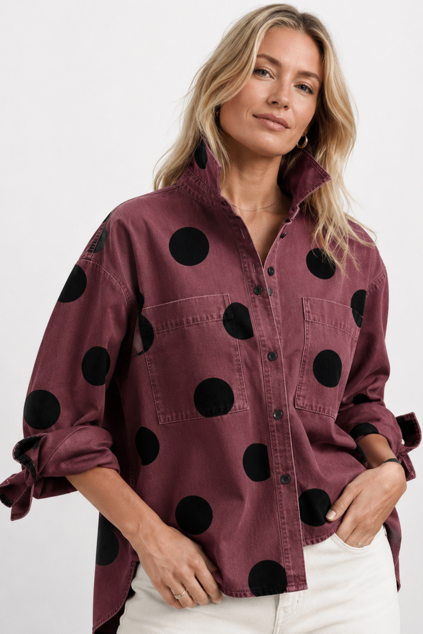 Women's Polka Dot Blouse Oversized with Dramatic Draped Back - 12